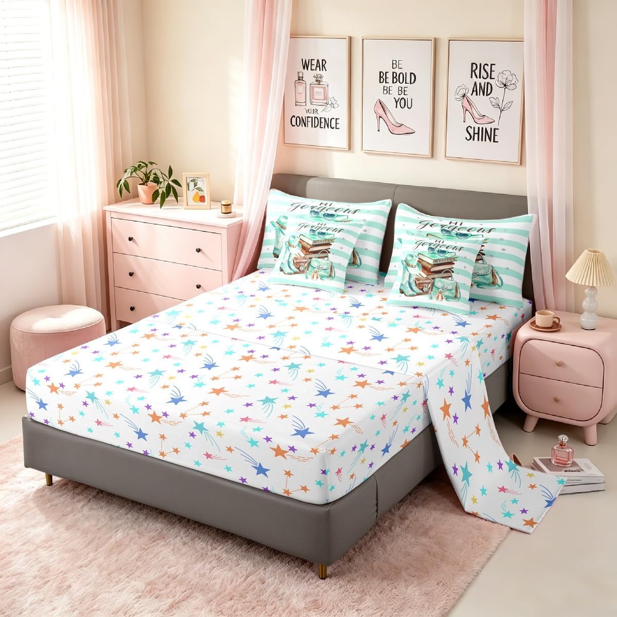 Feelyou Book Comforter Set with Sheets 7 Piece Full Size Green White Bed in a Bag Kids Boys Girls Perfume Bedding Set Stripes Bedroom Decor Western Decor Breathable Soft Lightweight Microfiber