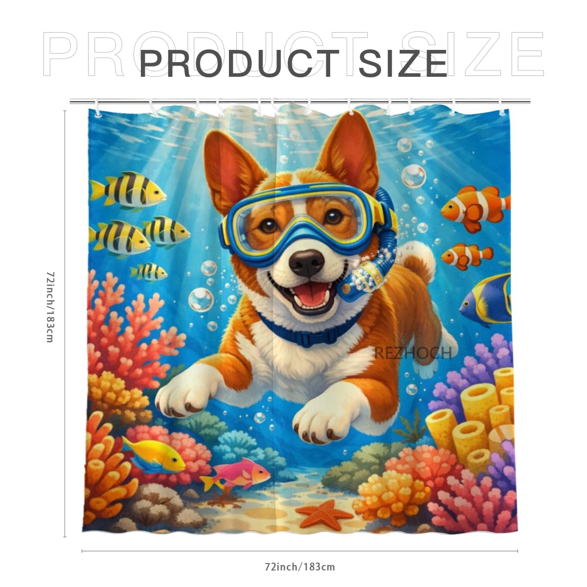 REZHOCH Kids Ocean Shower Curtain 72x72Inch Fun Basenji Snorkeling Underwater Tropical Fish Coral Reef Home Bathroom Decor,Boy Girl Cartoon Animal Coastal Bath Set with Hooks