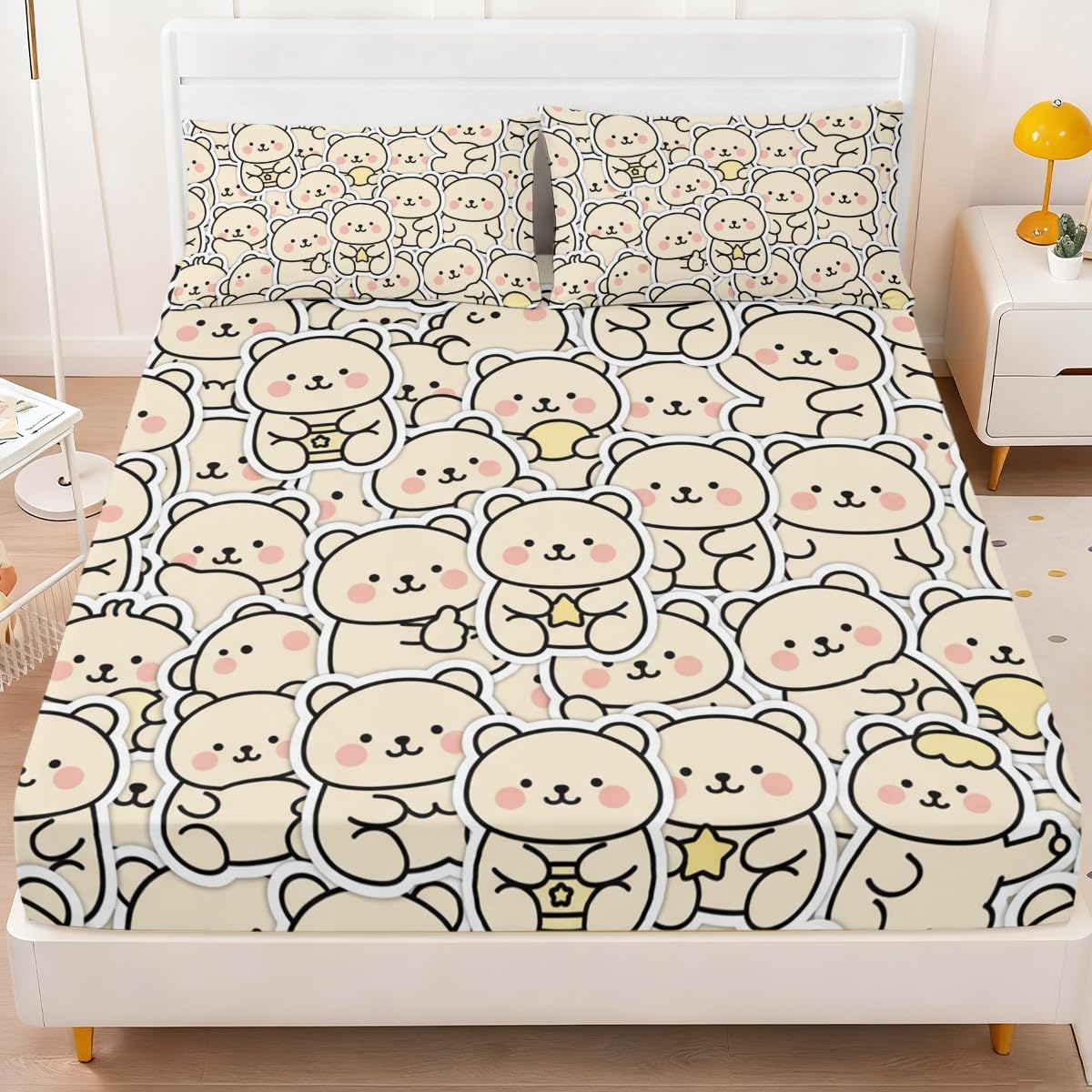 ARIGHTEX Cute Bear Fitted Sheet Set Twin Size, 3 Pieces Soft Cozy Kawaii Bear Bedding for Comfort Sleep, Neutral Cartoon Teddy Microfiber Deep Pocket Bed Sheets with 2 Pillowcases (No Flat Sheet)