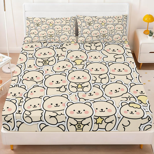 ARIGHTEX Cute Bear Fitted Sheet Set Twin Size, 3 Pieces Soft Cozy Kawaii Bear Bedding for Comfort Sleep, Neutral Cartoon Teddy Microfiber Deep Pocket Bed Sheets with 2 Pillowcases (No Flat Sheet)