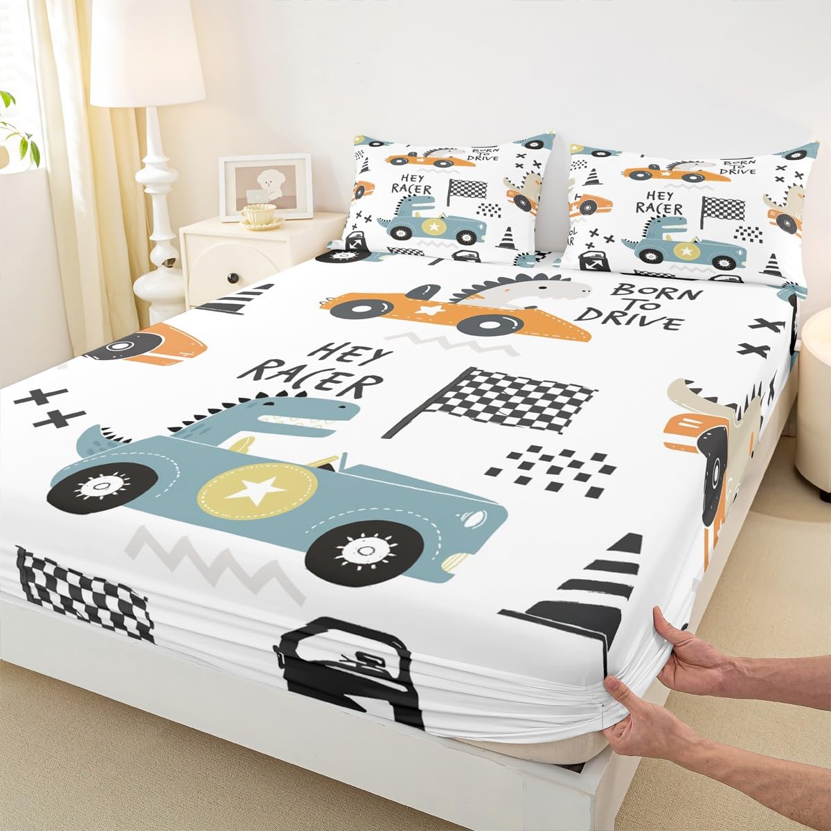 Cartton Car Kids Sheet Set Racing Sports Game Bed Sheets Set Decor Cute Dinosaur Racer Sheets with Deep Pocket Fitted Sheet Gift for Racing Lover White Blue Bedding Set Bedroom Quilt Cover 4Pcs Full