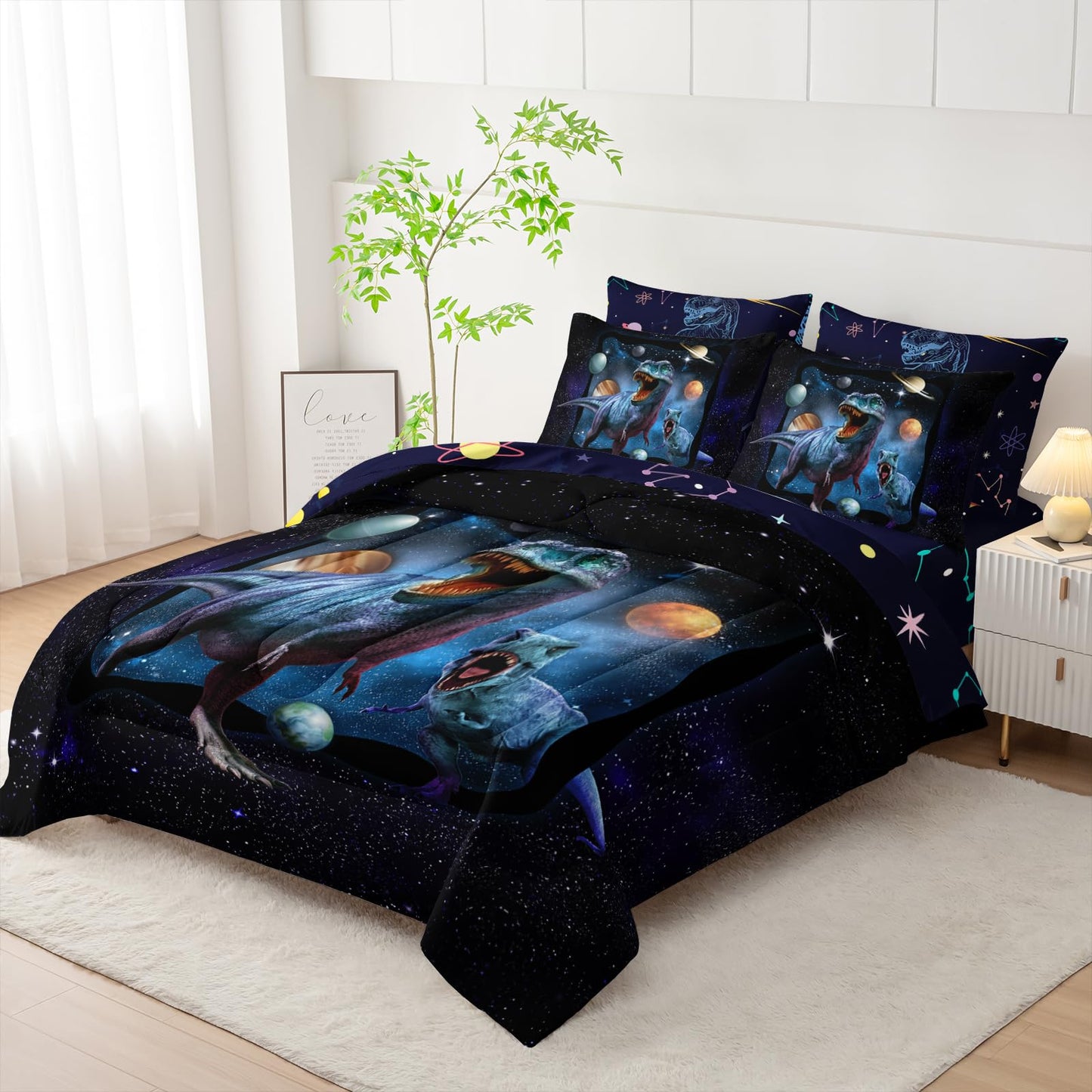 AILONEN Space Galaxy Dinosaur Comforter Set Full Size,7-Piece Soft Bed in a Bag Kids Boys Dino Comforter & Fitted Sheet & Flat Sheet & 2 Pillowcases,2 Pillow Shams for Bedroom