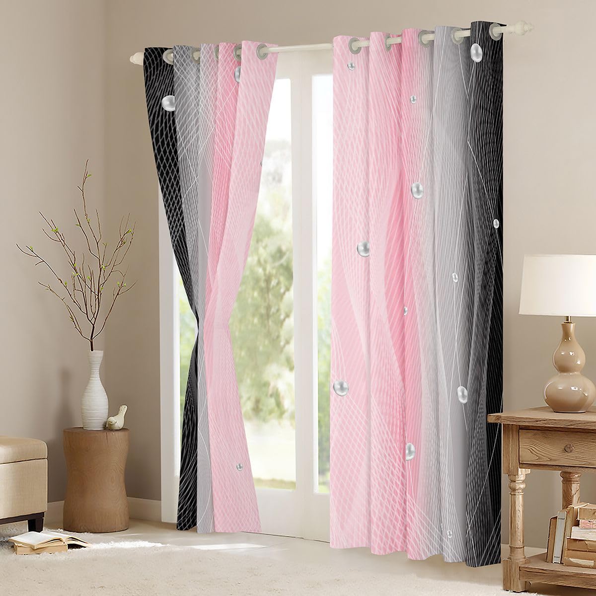 jejeloiu Pink and Black Darkening Drapes Strip Lines Curtains for Bedroom for Kids Women Men Ombre Pearl Printed Blackout Curtains Geometric Window Treatments(2 Panels, 38 x 45 Inch)
