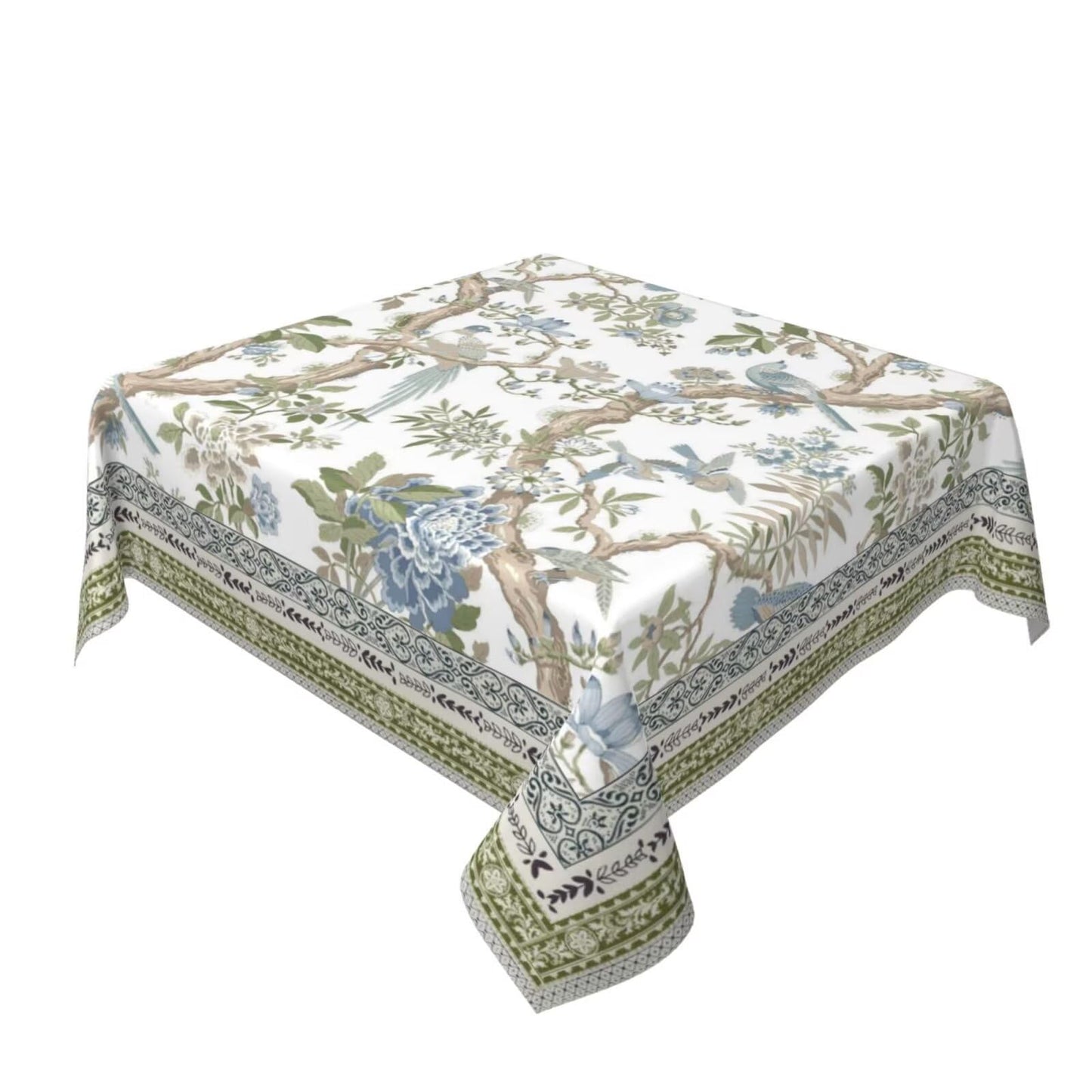Jecuwo Spring Chinoiserie Floral Square Tablecloth 54 Inch Bird Tree Flower Pattern Table Cover Sage Green Blue Branch Washable Decoration Tablecloth Indoor and Outdoor Dining Table Home Party Decor