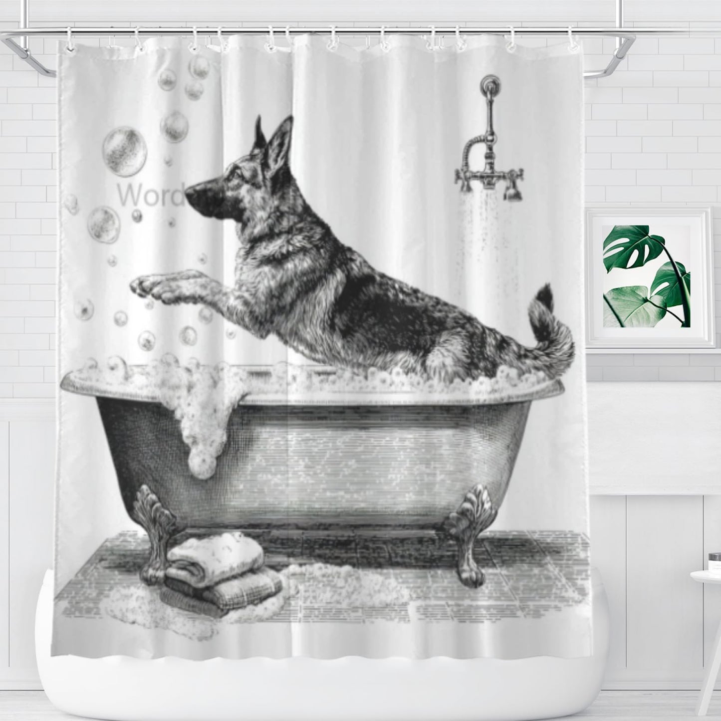 Wordatu German Shepherd Shower Curtain Bathroom Set 72x72 Inches Cartoon Cute Kids Sketch Animal Pet Dogs Lover Bath Accessories Dog Art Home Decor Fabric 12Hooks