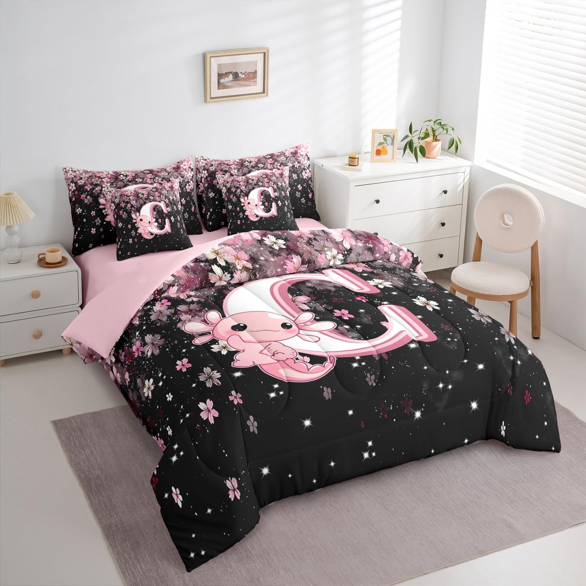 Erosebridal Twin Size Pink Black Alphabet C Bed in A Bag with Cute Axolotl Design - Japanese Cherry Blossom 7 Pieces Bedding Set Cute Axolotl Comforter Set with Sheets Initial Letter Gift for Her