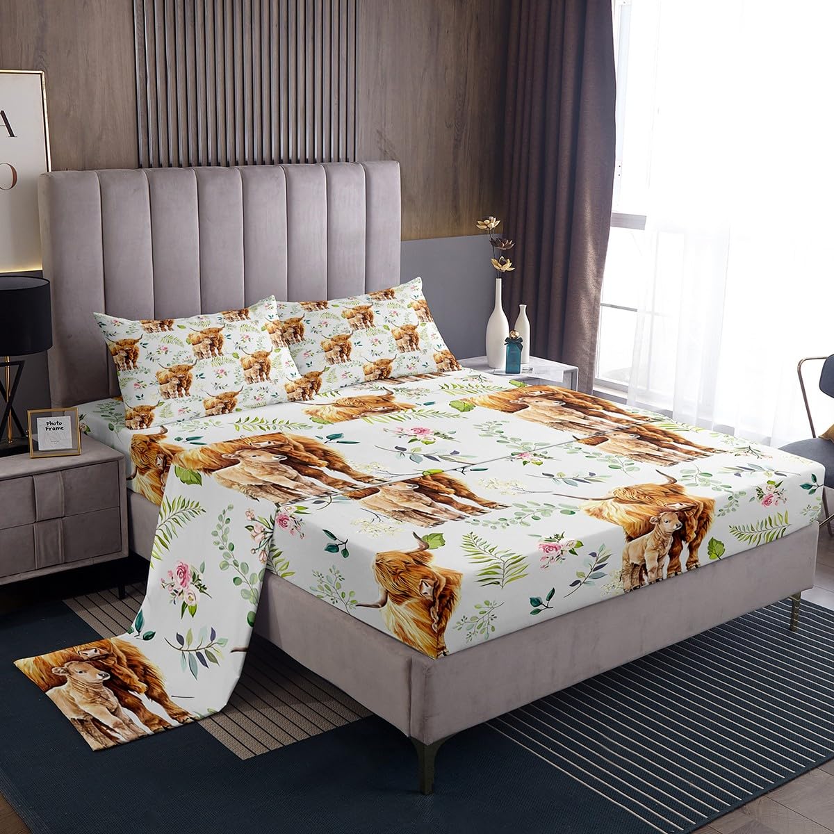Erosebridal Rustic Cow Sheet Set Full,Retro Cowhide Bed Sheets for Kids Boys Girls,Highland Cow Mother Kid Bedding Set,Farmhouse Rose Flower Leaf Fitted Sheet + Top Sheet + 2 Pillowcases
