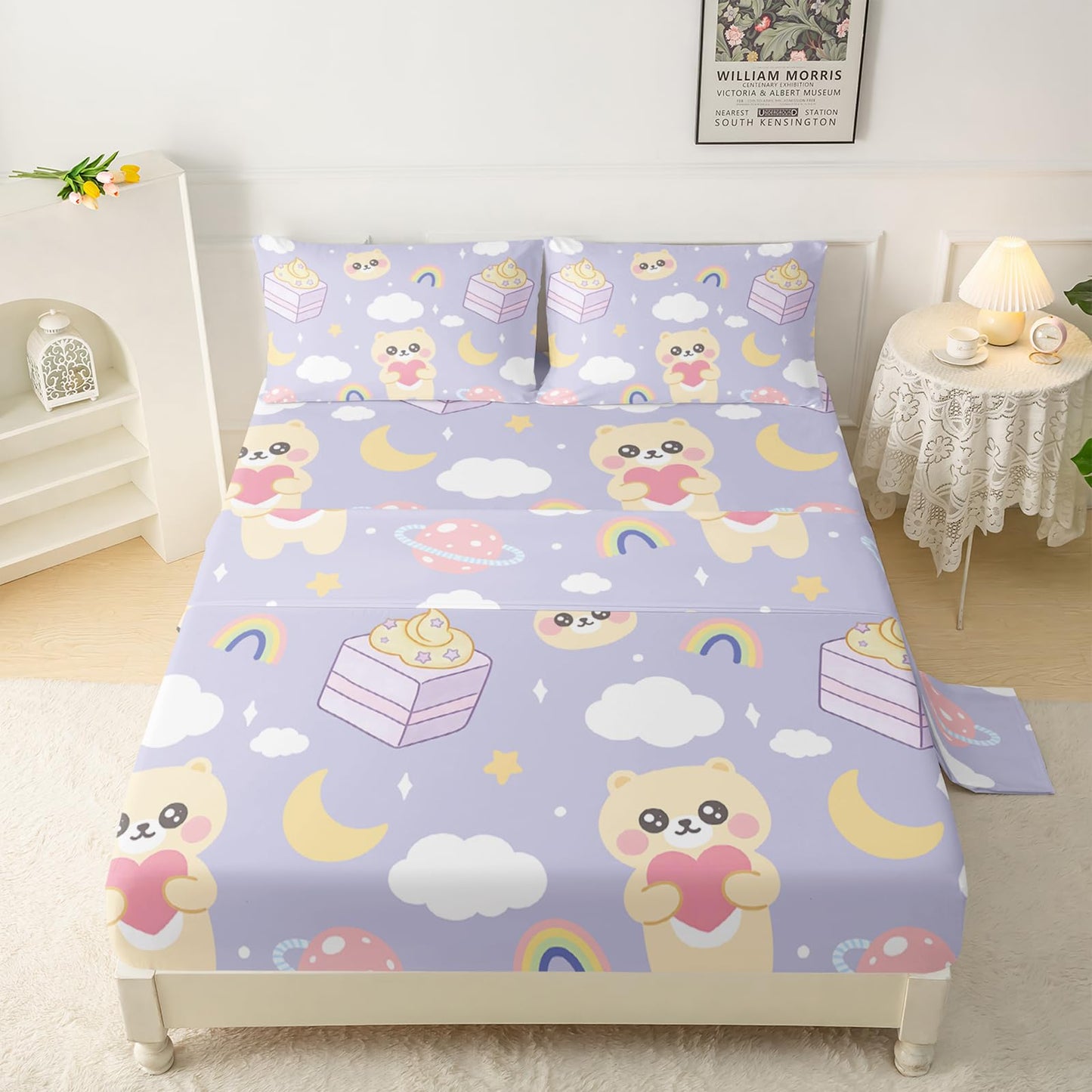 QOOMO Kawaii Kids Sheets Twin Size,Kawaii Bear 16" Deep Pocket Bed Sheet Set,Milk Printed Bedroom Decor Sheet Set Soft and Breathable for Girls/Kids/Teens,Twin Size