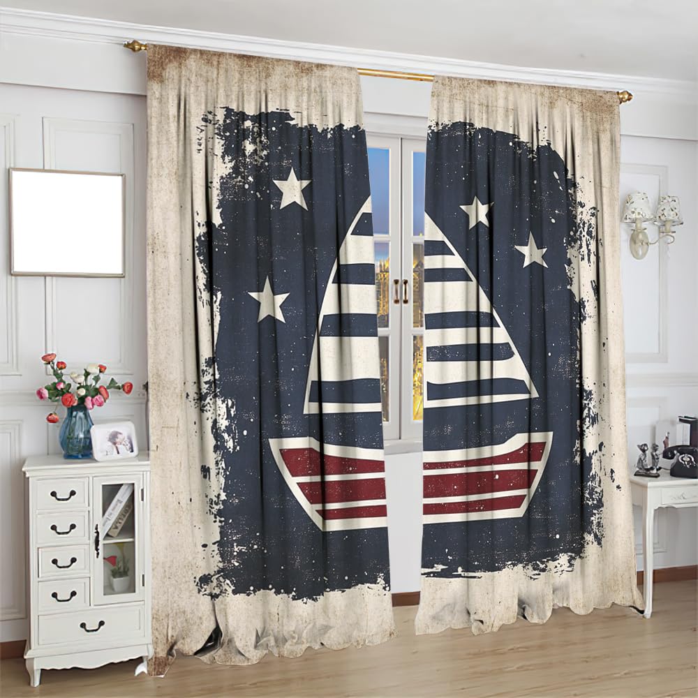 YFBBINS Retro Sailboat Pattern Blackout Curtains Thermal Insulated for Bedroom Living Room, Geometric Vintage Sailing Ship Rod Pocket Curtain Light Blocking Drapes, 2 Panels, Each 21 W x 45 L inch