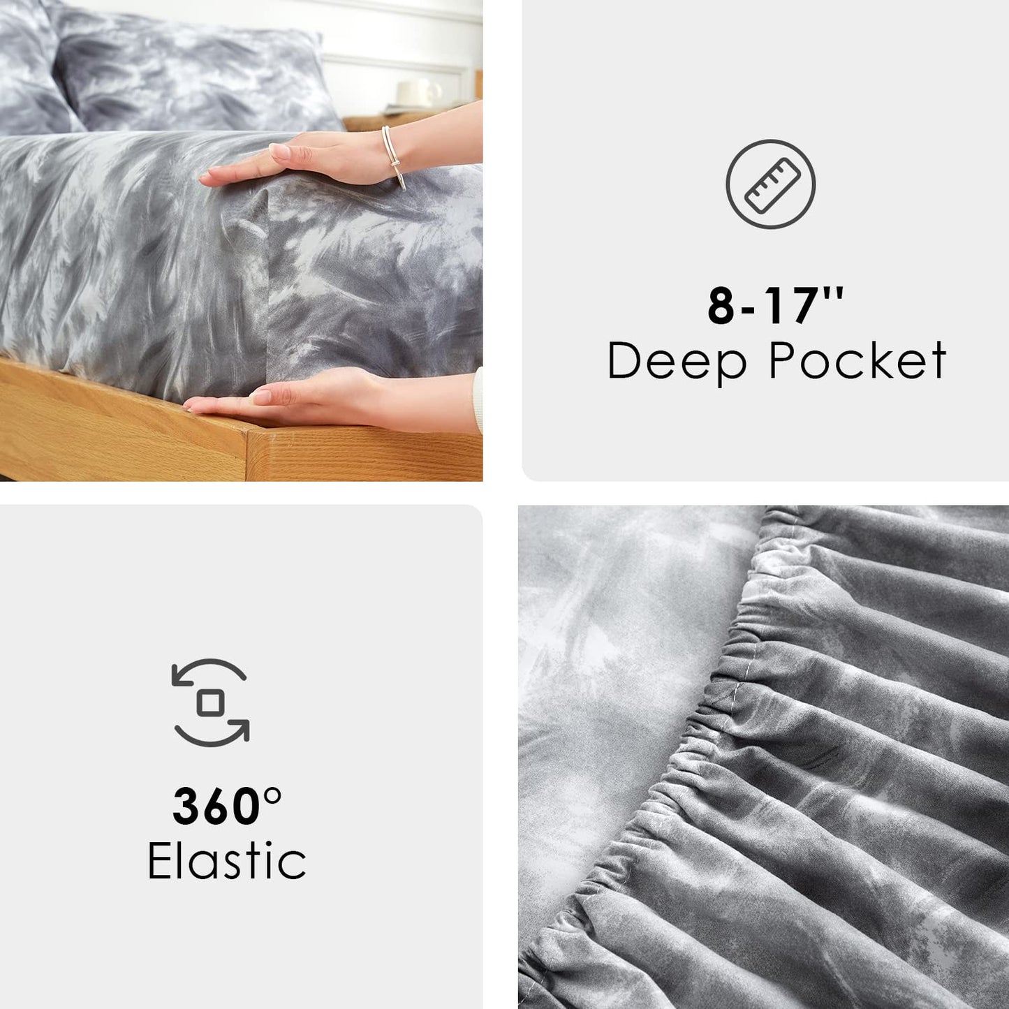 California King Size Bed Sheets Set 4PC - Soft Cooling 1800 Thread Count Microfiber Printed Sheet, 8 - 17" Deep Pocket Breathes Better, Wrinkle, Machine Washable Grey Marble Patterned Double Bedding