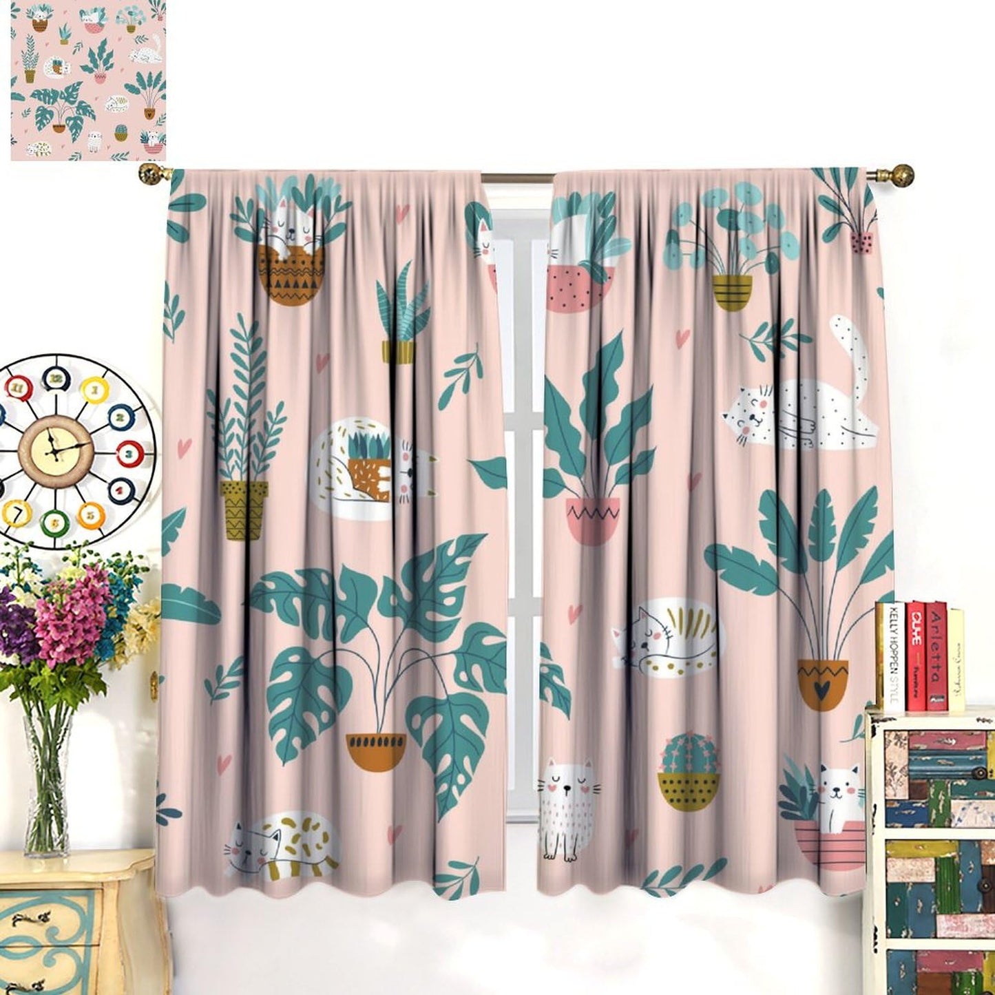 JADERYS Cat Blackout Curtains Cute Cartoon Animal Cat Green Plant Potted Pink Art Print for Girls Boys Women Bedroom Living Room Rod Pocket Decoration Window Drapes 2 Panels W21xL45in