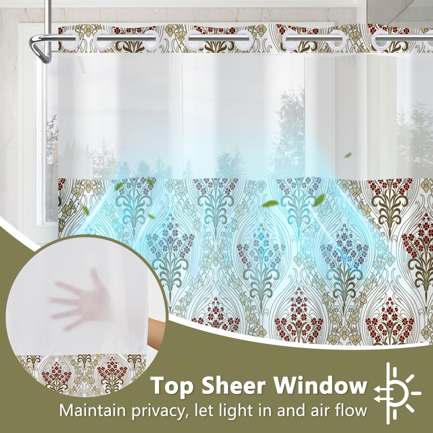 No Hook Vintage Boho Floral Shower Curtain with Liner, Modern Aesthetic Waterproof Machine Washable Fabric Shower Curtain, Red Flower Botanical Bathroom Curtains with Top Sheer Window, 71x74 Inch
