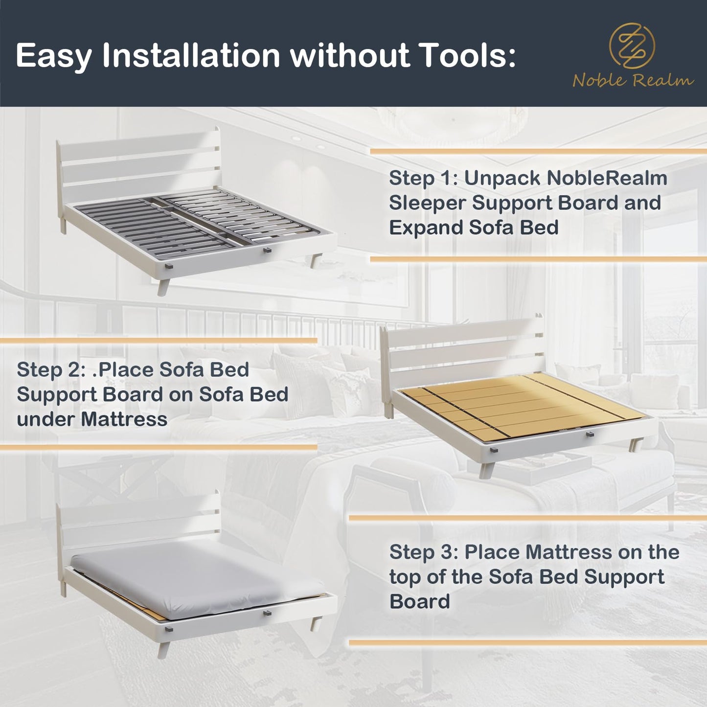 NobleRealm Foldable Box Spring Full Size Bunkie Board & Bed Support Slats | Bed Board for Mattress Support | Easy Setup, Noise Minimizing, Moisture Resistant (48 x 60 Full Size)