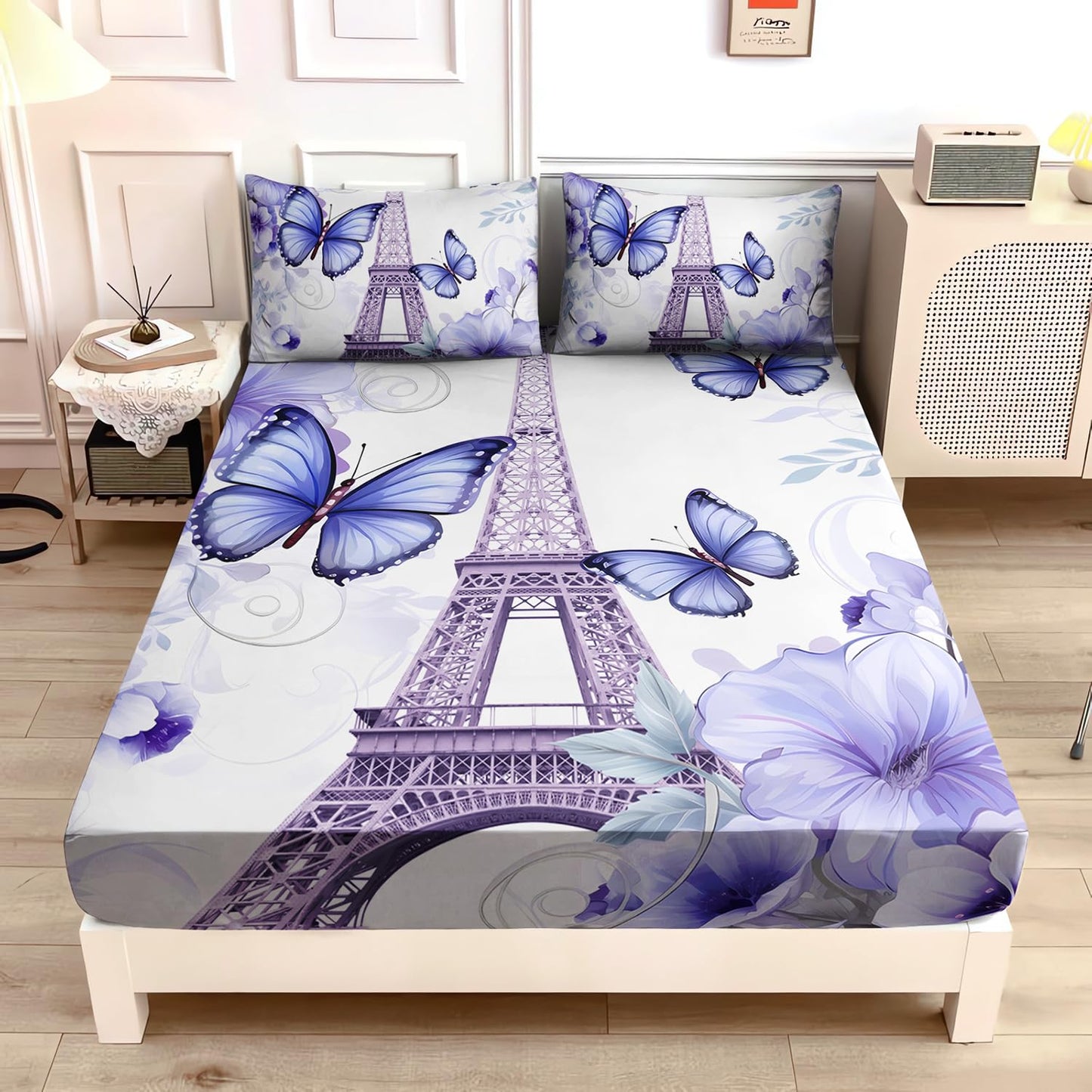 UEVBF Beautiful Butterfly Fitted Sheet Set Twin Size,Romantic Eiffel Tower Print Bedding Sets for Girls Women Room Paris Decor,Fantasy Floral Bedding Fitted Sheets,1 Fitted Sheet+2 Pillowcases.