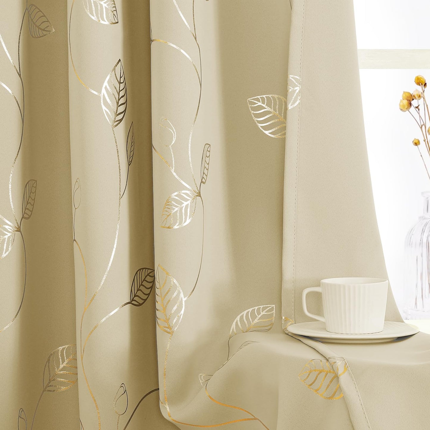 BUHUA Heat Blocking Curtains, Black Out Curtains 63 Inch Long 2 Panels Burg, Soundproof Curtains with Gold Leaf Printed (52 x 63 Inch, Beige, Set of 2 Panels)