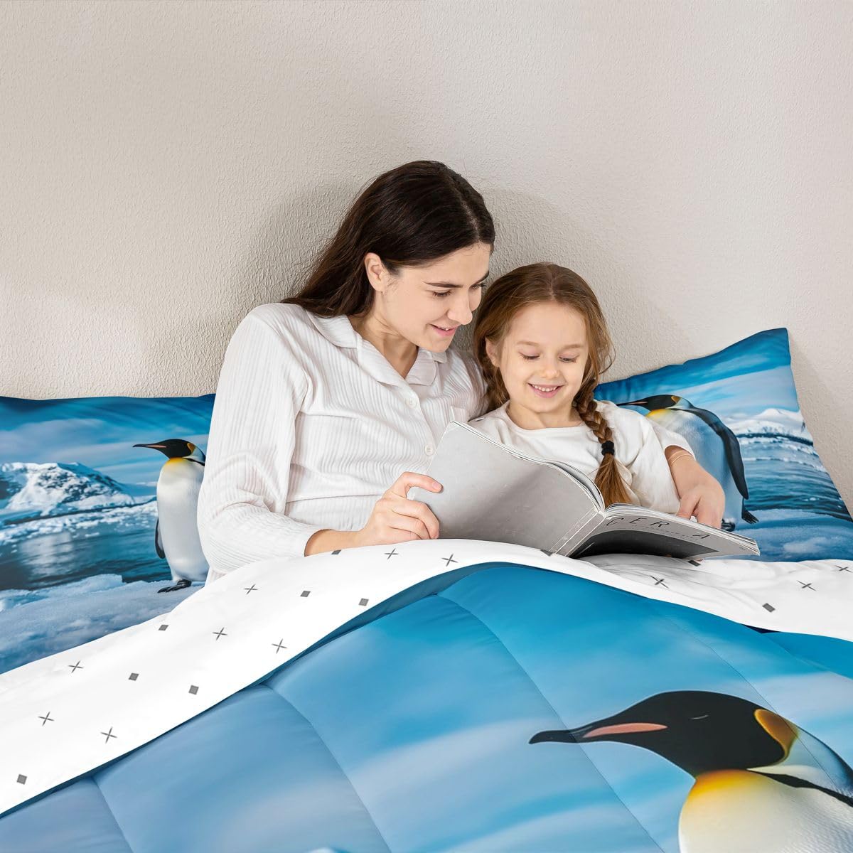 Erosebridal Penguin Kids Comforter Sets Glacier Snow Queen Bedding Set for Boys Girls Cloud Blue Sky Wild Animals Print Comforter Set,Antarctica Landscape Quilt Duvet 3 Pcs
