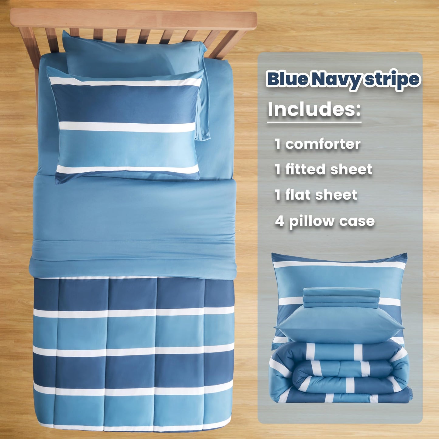 SLEEP ZONE Kids Comforter Set Full/Queen Size, Jersey Knit 7 Pieces Bedding, Super Soft and Breathable Comforter with Sheets, Pillowcases (Blue-Navy Stripe)