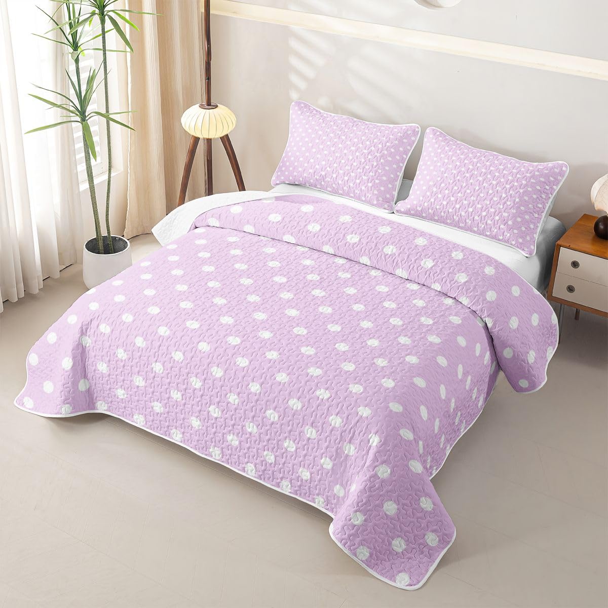Feelyou Dot Pattern Quilts for King Bed Purple Bedspreads Soft Bed Summer Lightweight Comforter Geometric Coverlet All Season 3 Pieces (1 Quilt, 2 Pillowcases) Stripe Line Bedding Set