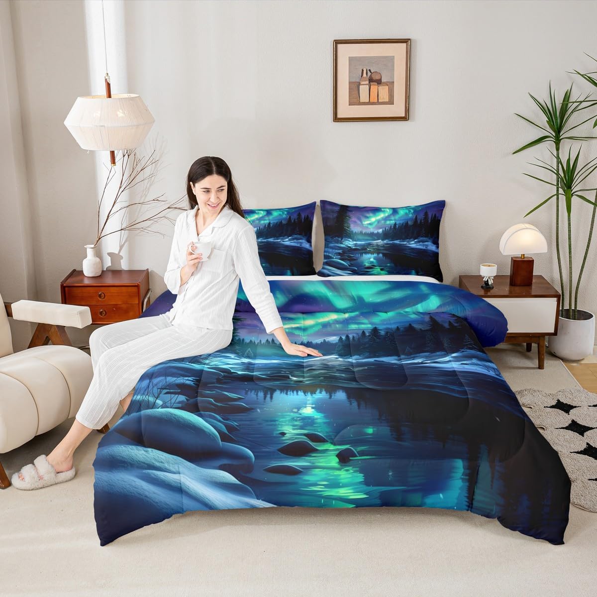 Manfei Northern Lights Kids Comforter Set Twin Size,Pine Trees River Natural Bedding Set Room Decor,Romantic Mysterious Magical Quilt Comforter,Blue and Green Duvet Set Bedroom Quilt Set,1 Pillowcase