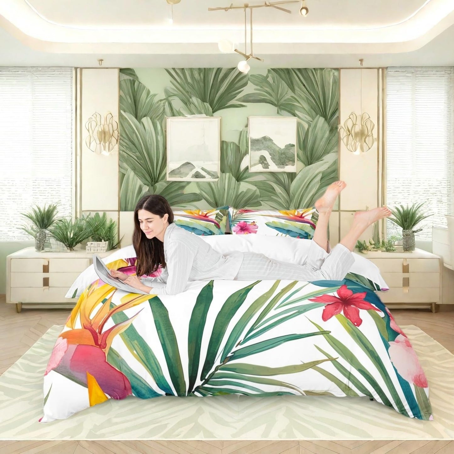 Tropical Tree Plant Duvet Cover Set Queen Size with Zipper Closure, Watercolor Red Hibiscus Flower Pattern Printed Comforter Cover,Palm Leaves Bedding Sets with 2 Pillow Cases,Soft,Green Pink