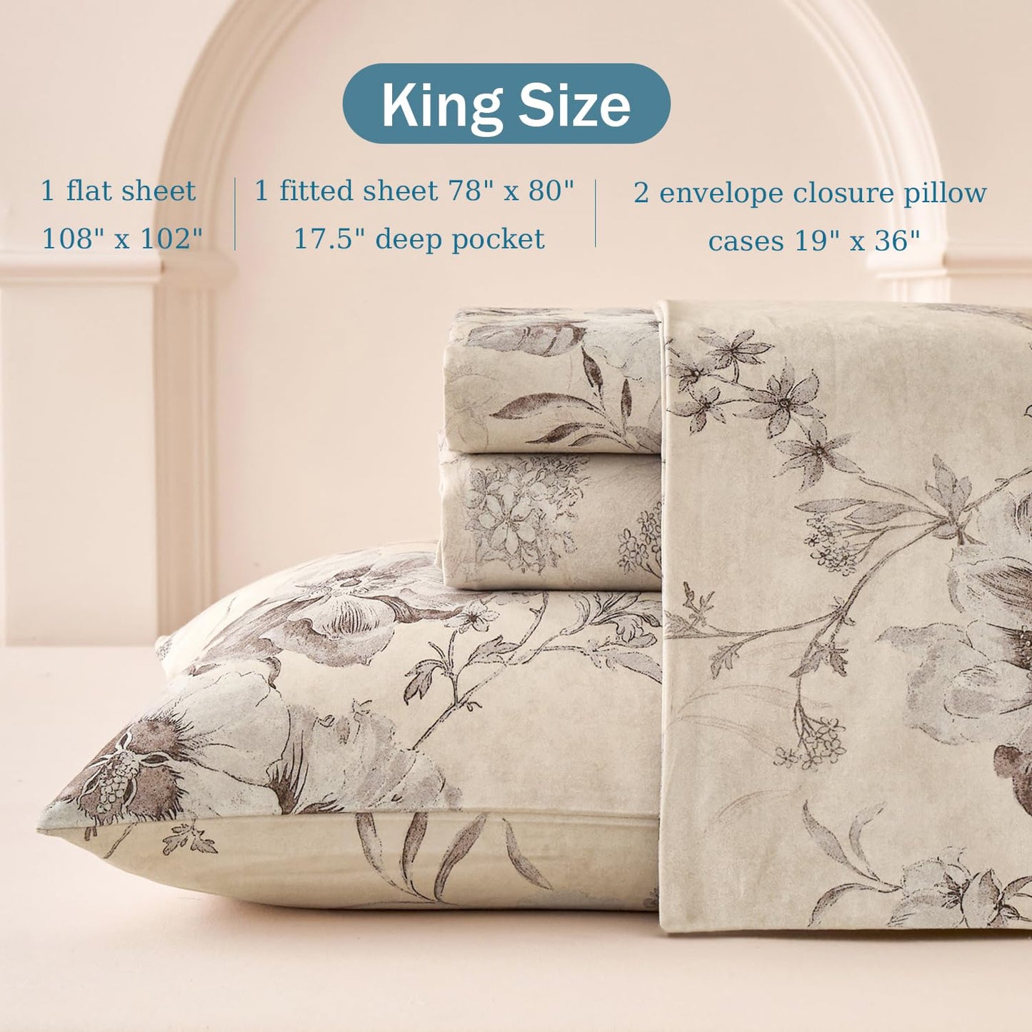 Huborise Beige King Size Sheet Set 100% Cotton Flannel-Like Warm Luxury Peony Toile Floral Bed Sheets 4Pc Deep Pocket 17.5", Double Brushed Extra Soft Breathable, Fall/Winter French Country Bedding