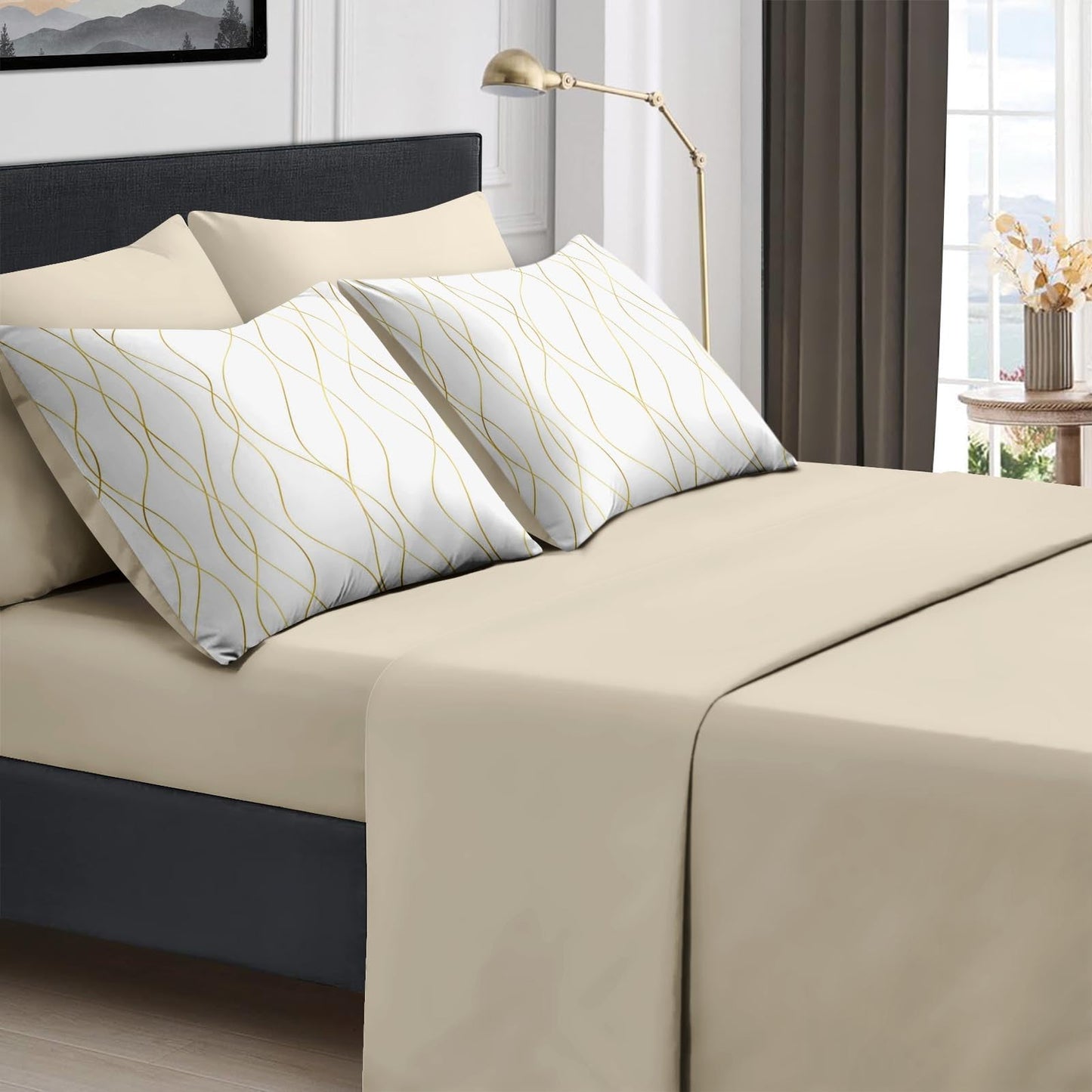 Boewywh Comforter Set Twin Size Gold Abstract Modern 7 Pcs, Bedding for Kids and Adults, Bed Sheet Sets with Fitted Sheet 2 Pillowcases & 2 Shams for Bedroom Bed Decor
