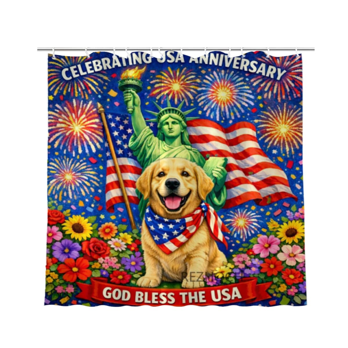 REZHOCH Patriotic Golden Retriever Shower Curtain 72x72Inch,USA Flag Liberty Statue Red White Blue Cute Animal Fireworks Bathroom Decor,Independence Day Waterproof Fabric Bath Curtain