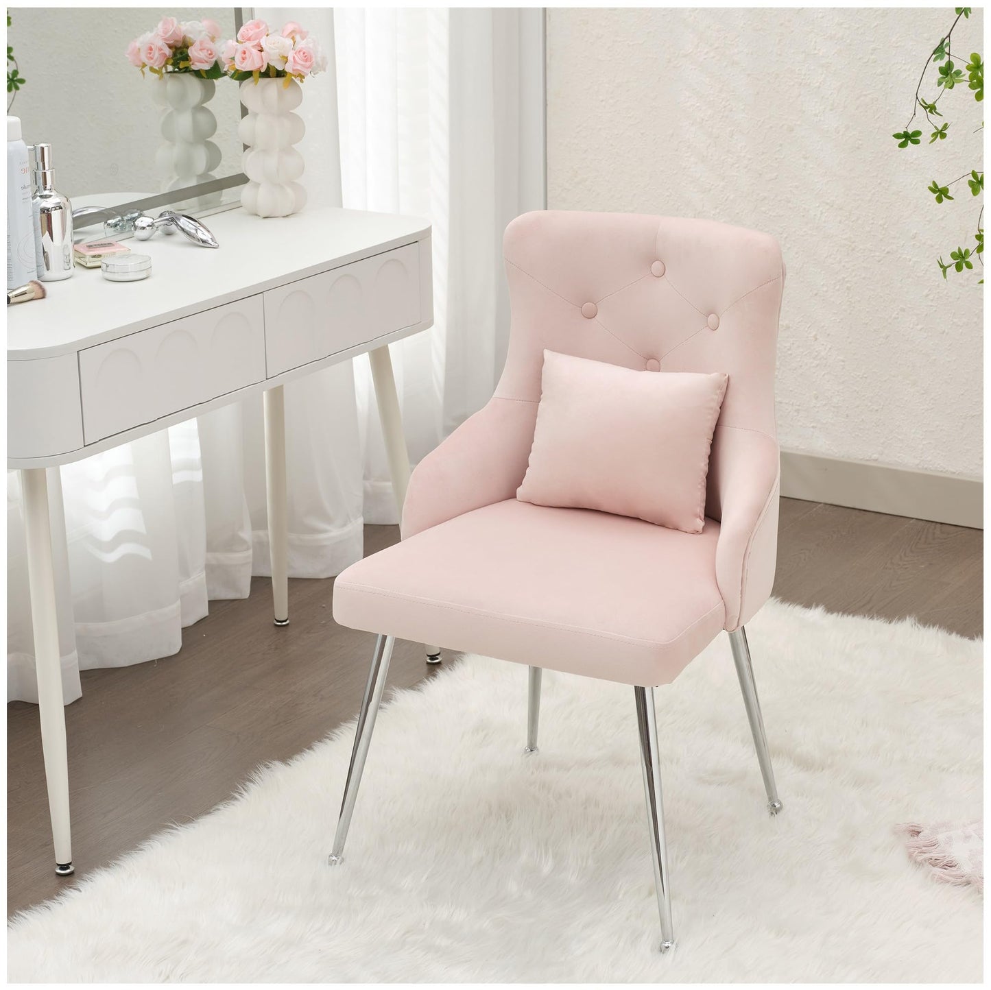 UDAX Velvet Vanity Chairs with Back, Upholstered Makeup Chair No Wheels with Metal Legs & Lumbar Pillow for Living Room/Makeup Room/Bedroom/Home Office/Kitchen