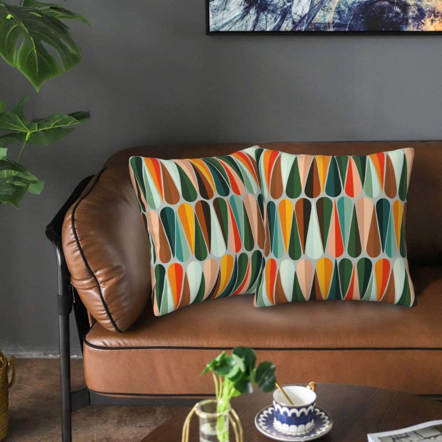 bassyil Mid Century Retro Drop Throw Pillow Covers Decorative Linen Pillow Cases Set of 2 Square Cushion Cover for Couch Sofa Bedroom Patio 18x18 Inch