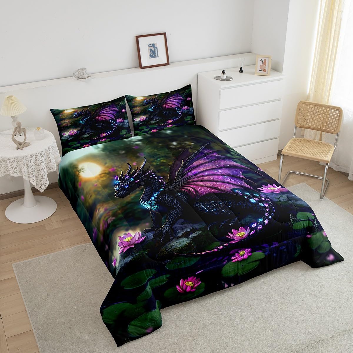Feelyou Dragon Comforter Set Twin Size Dragon Stuff Comforter for Boys Girls Teens Wild Life Bedding Set Lotus Flower Duvet Set Room Decor Green Purple Quilt Set