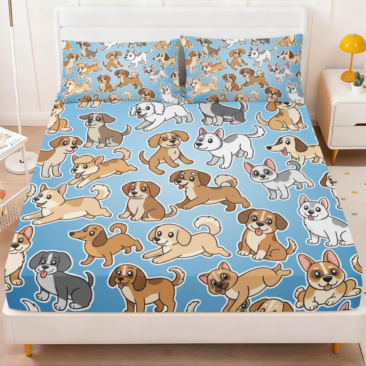 ARIGHTEX Dog Fitted Sheet Set Twin Size, 3 Pieces Cute Cartoon Puppy Bedding for Kids & Teens, Soft Microfiber Deep Pocket Sheet Set, Playful Blue Animal Bed Sheets