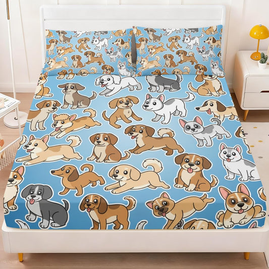 ARIGHTEX Dog Fitted Sheet Set Twin Size, 3 Pieces Cute Cartoon Puppy Bedding for Kids & Teens, Soft Microfiber Deep Pocket Sheet Set, Playful Blue Animal Bed Sheets