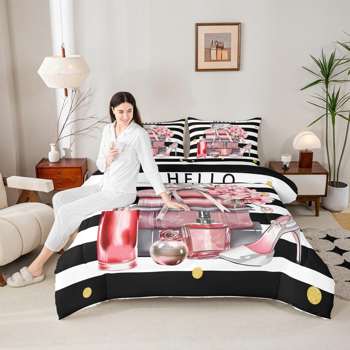 Erosebridal Black and Pink Comforter King Size Fashion Black White Girly Bedding Set for Girl Women Modern Flower Floral Perfume Striped Duvet Insert High Heels Magazine Books Bed Sets