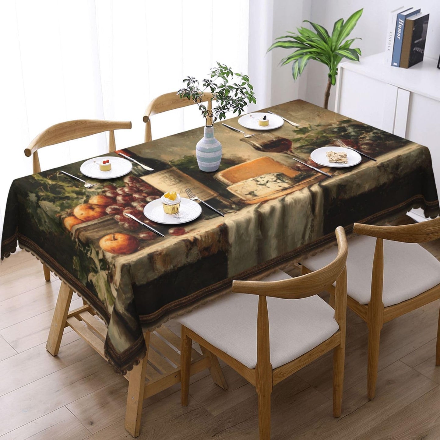 JIANKESEN Retro Wine Bottles Glasses and Grapes Tablecloth Rectangle Cheese Fresh Fruits Rustic Table Cloth Wrinkle Resistant Table Cover for Kitchen Dining Party Decorations 54 x 72 Inch