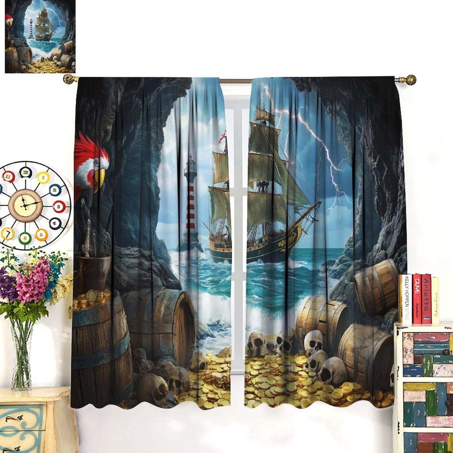 wlsgdsg Pirate Ship Curtains for Boys Retro Medieval Nautical Era Pirate Ship Treasure Gold Coin Pattern Window Treatments for Kids Teen Bedroom Living Room 42x44.5In（No Blackout）