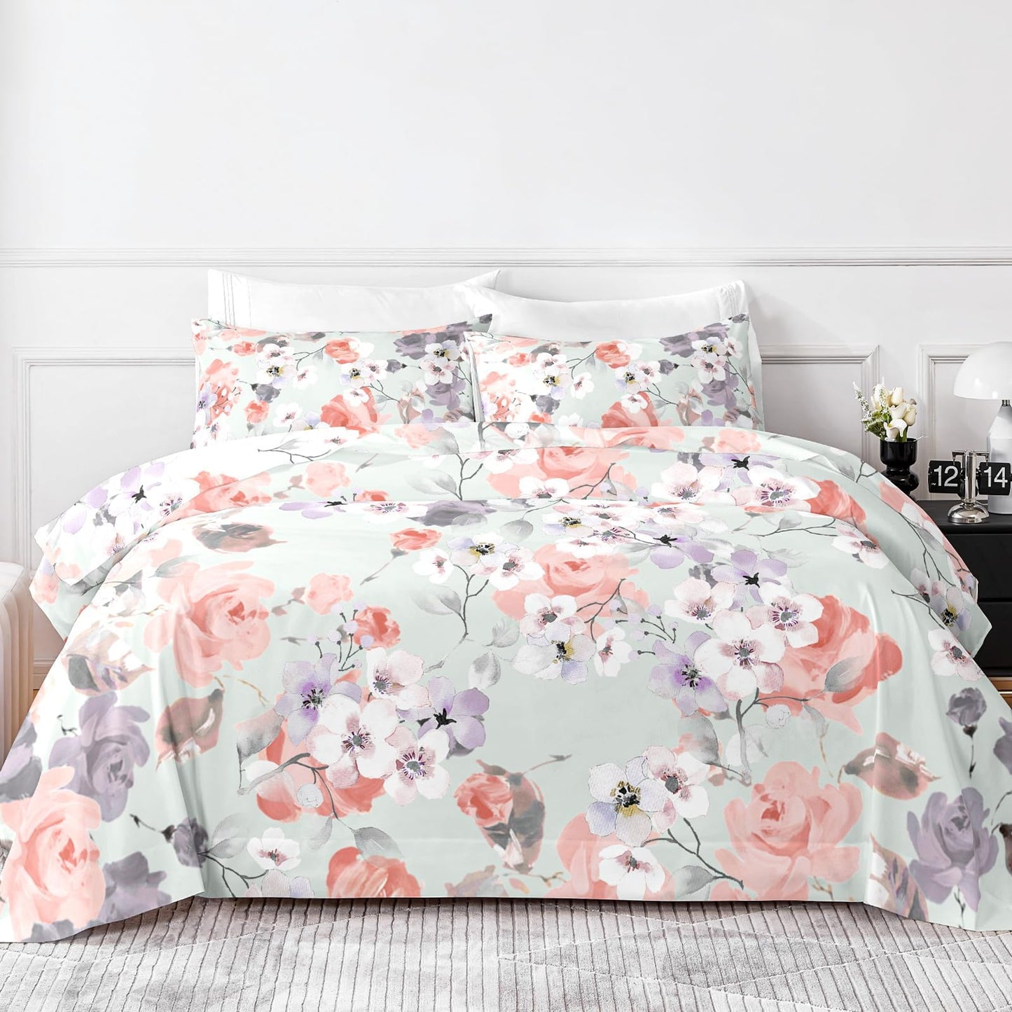 HCORA Floral King Size Sheets Set, Luxury 1800TC Hotel Quality Double Brushed Microfiber Deep Pocket Bed Sheets, Ultra Soft, Breathable and Cooling, 4PC, King