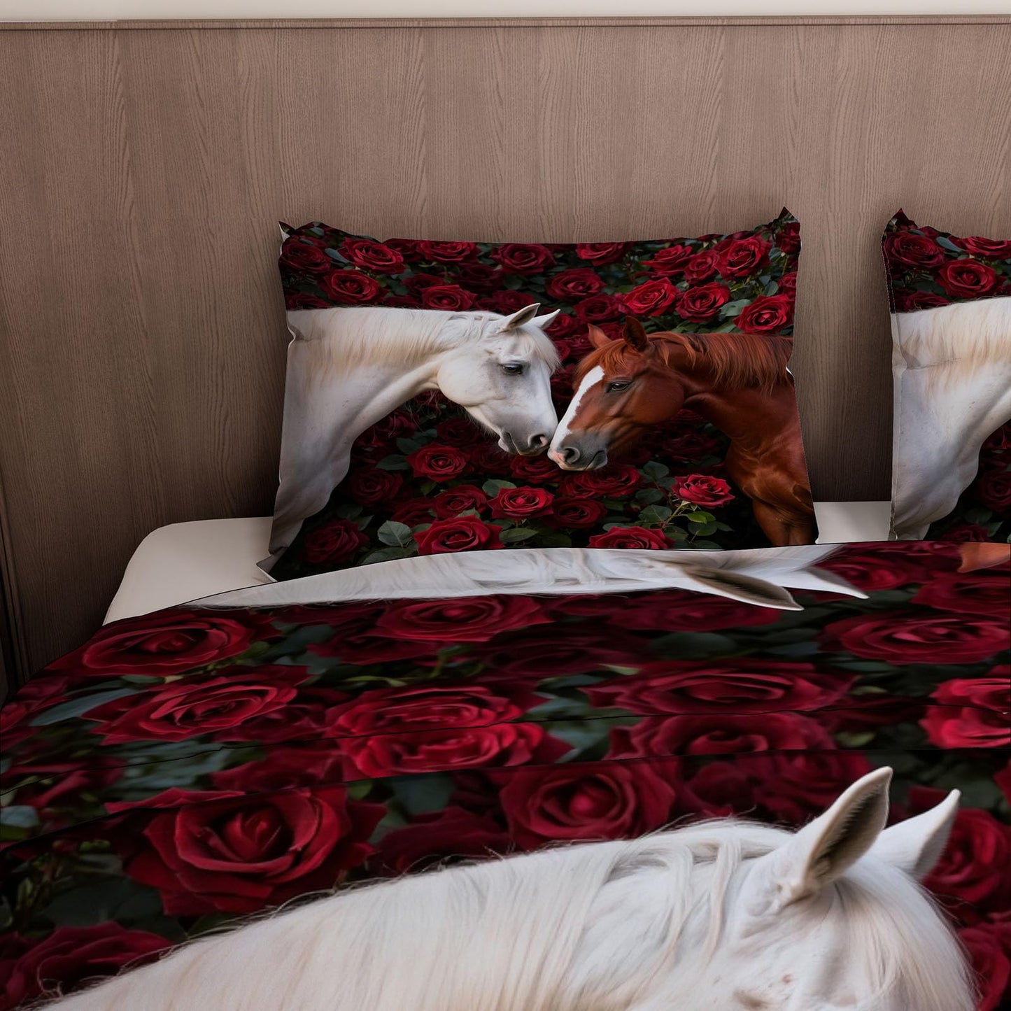 3D Horse Duvet Cover King Size 104x90in Soft Breathable Microfiber Rose Bedding Set Zipper Closure Reversible Comforter Cover 3 Pieces with 2 Pillow Shams (WJT 23-5)