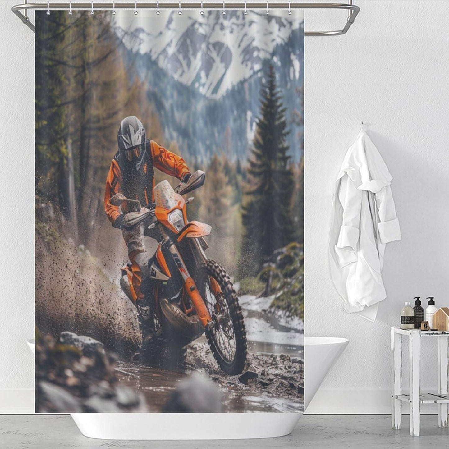 HDESDIS Dirt Bike Racing Shower Curtain, Motocross Racer Extreme Sports Shower Curtain Set with 12 Hooks for Bathroom Decor Accessories Bathtub Curtain, 36"x72"