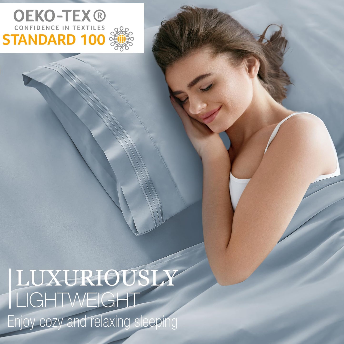 Yibeizi King Size Sheets Set Cooling Deep Pocket Bed Sheet Sets, Light Blue Soft Microfiber Oeko-Tex Hypoallergenic Sheets & Pillowcases Wrinkle Free Bedsheets