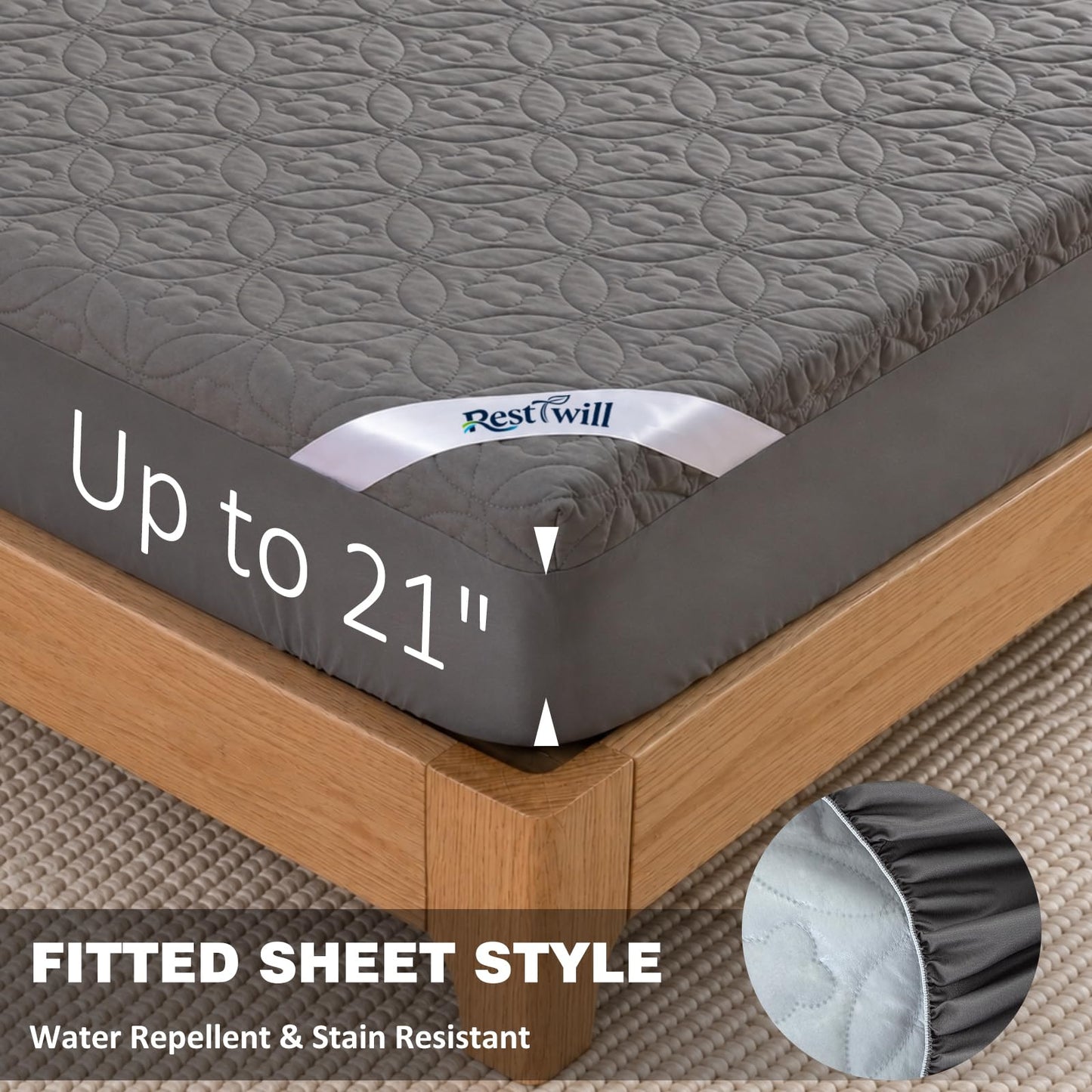 RestTwill 5-Sided Waterproof Mattress Protector, Advanced Water Repellent Top & TPU Backing, Ultrasonic Quilted Microfiber Bed Cover, Noiseless Pad (Gray, Full)