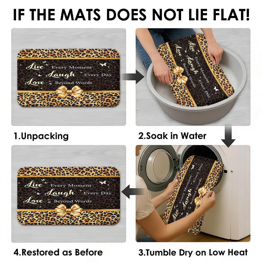 Waitaikong 4Pcs Live Laugh Love Leopard Print Shower Curtain Set, Glam Animal Print with Gold Bow Motivational Quote Bathroom Decor, Waterproof Fabric Bath Set with 12 Stainless Steel Hooks, 72x72