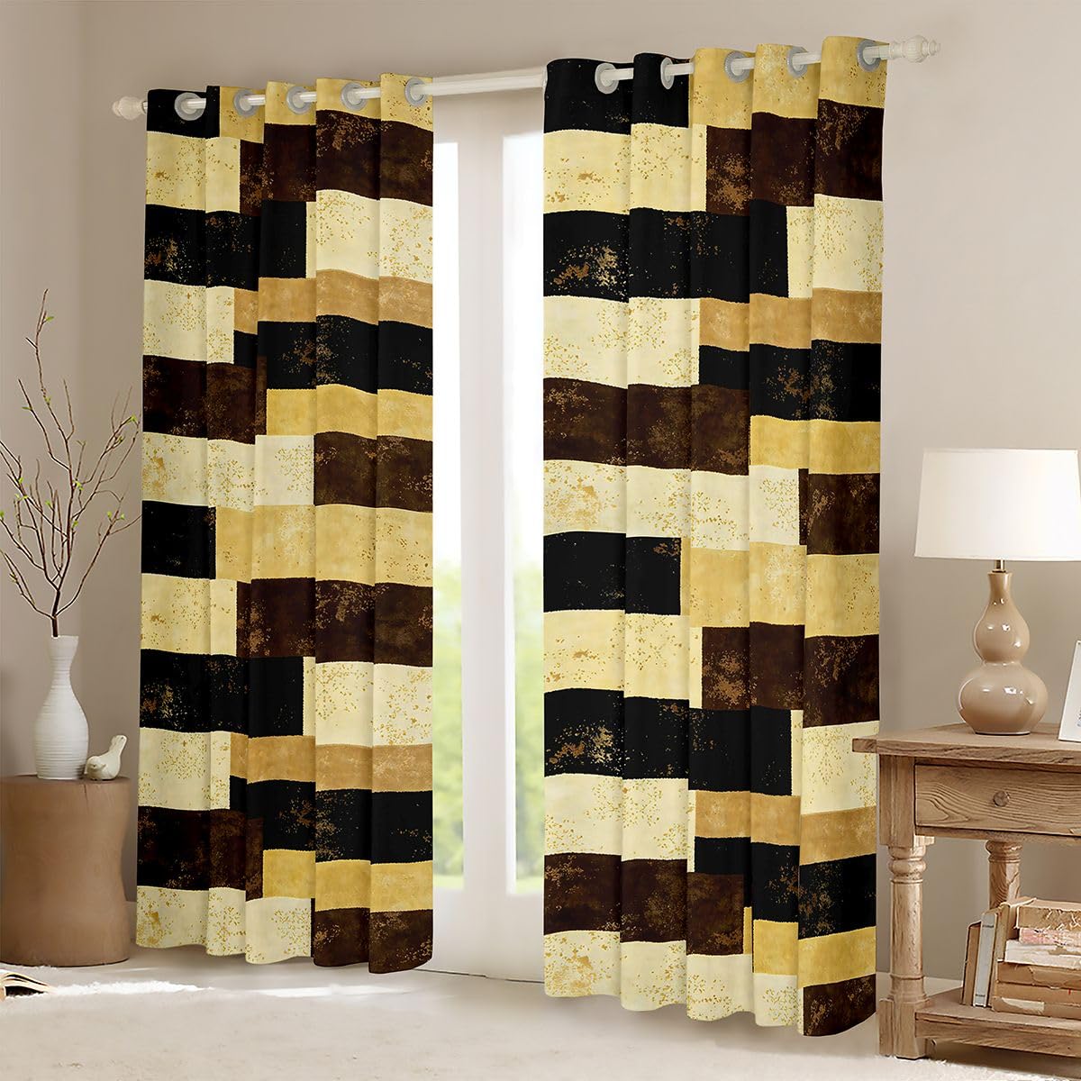 Erosebridal Golden Brown Geometric Blackout Curtains Abstract Color Blocking Window Curtains 52" Wx84 L Kids Adults Rustic Lattice Window Treatments Drapes for Room Stylish Patchwork Artwork 2 Panels