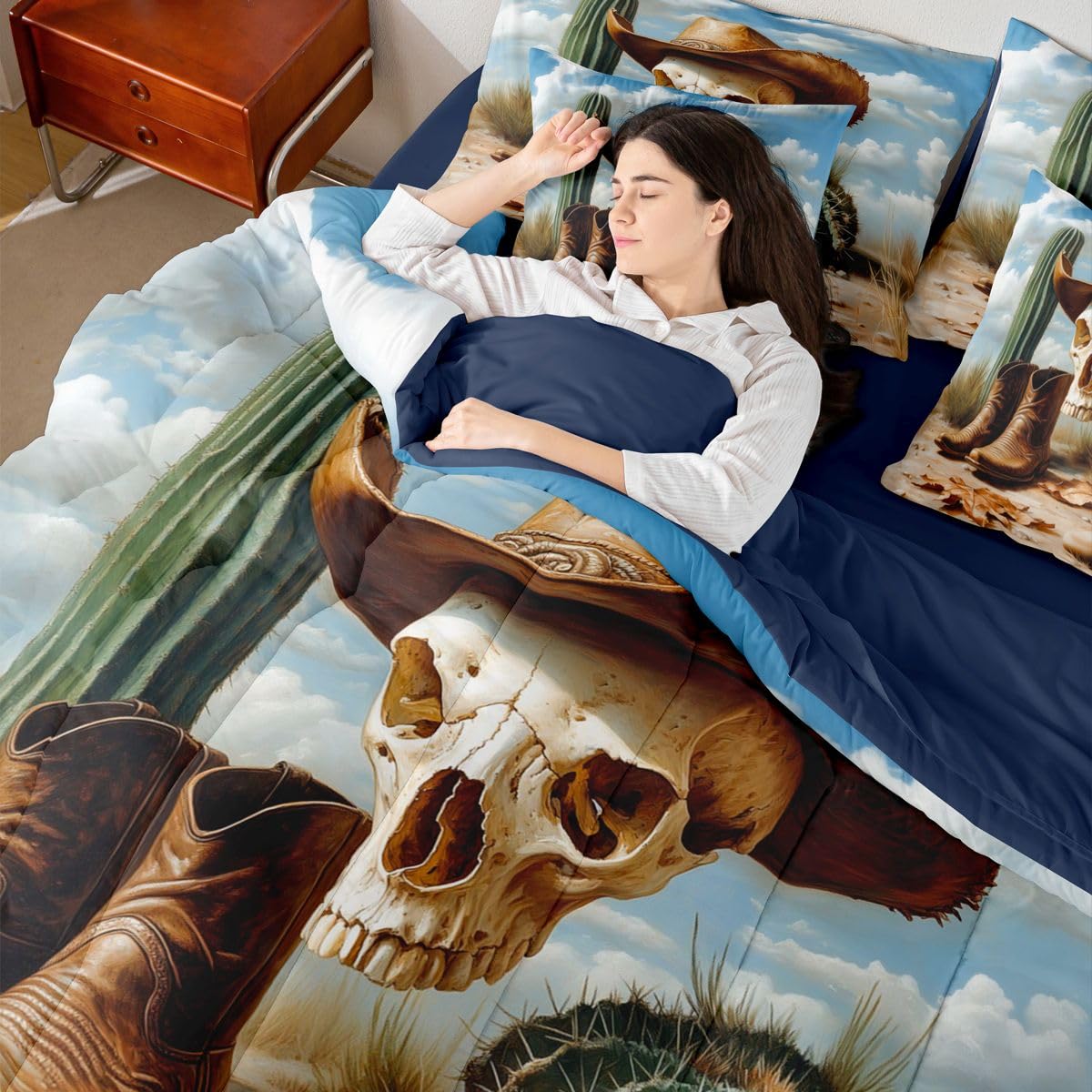 Erosebridal Sugar Skull 7 Piece Bedding Set Queen Cowboy Hat Comforter Set with Sheets Boots Cactus Maple Leaves Clear Sky Bed in a Bag Boho Western Clouds Desert for Teens Men Women