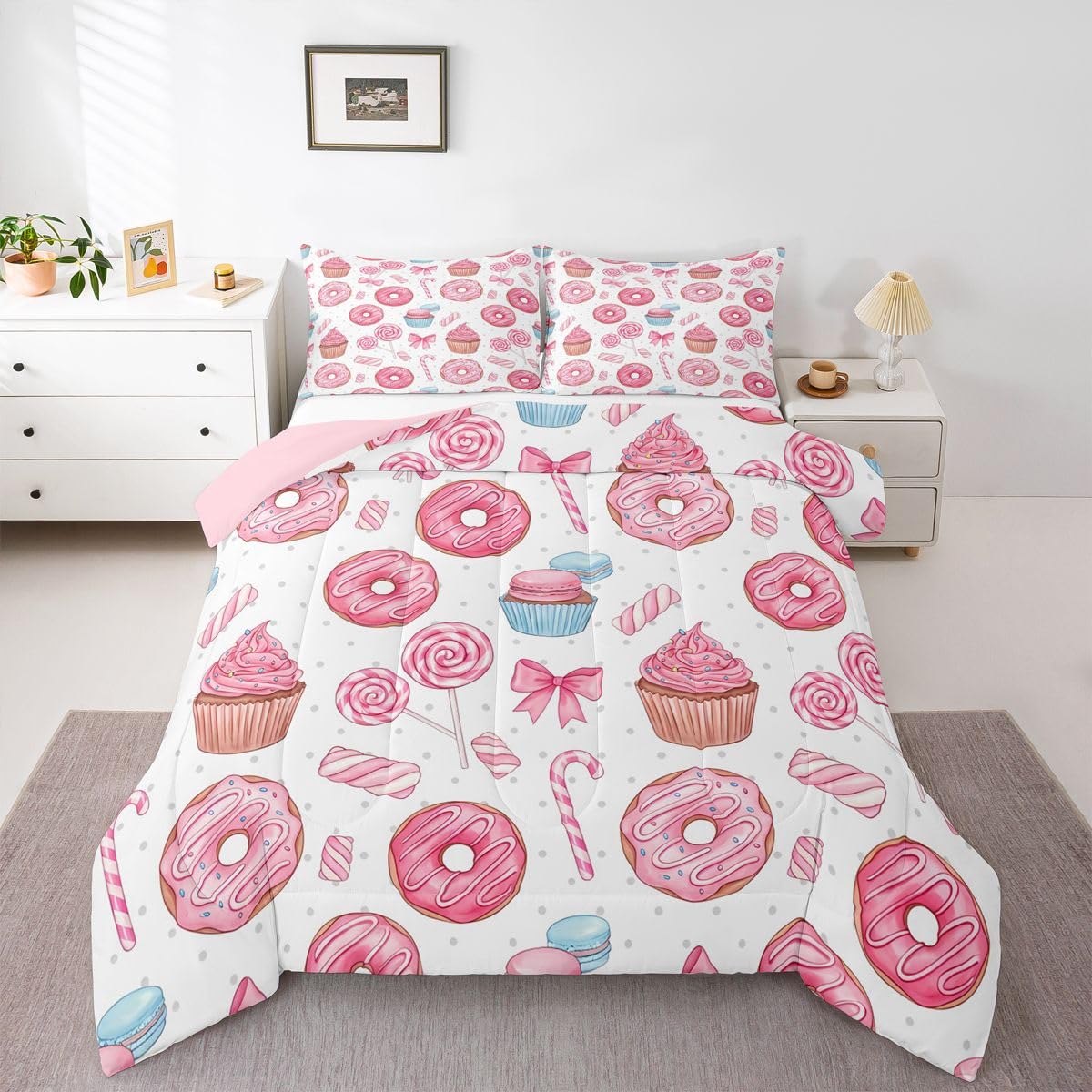 Manfei Pink Doughnut Bows Comforter Set 2Pcs Cartoon Lollipop Candy Twin Size Bedding Set Dreamy Girly Dessert Duvet Insert for Kids Girls Adult Room Decor(1 Comforter,1 Pillowcase) Chocolate Donut