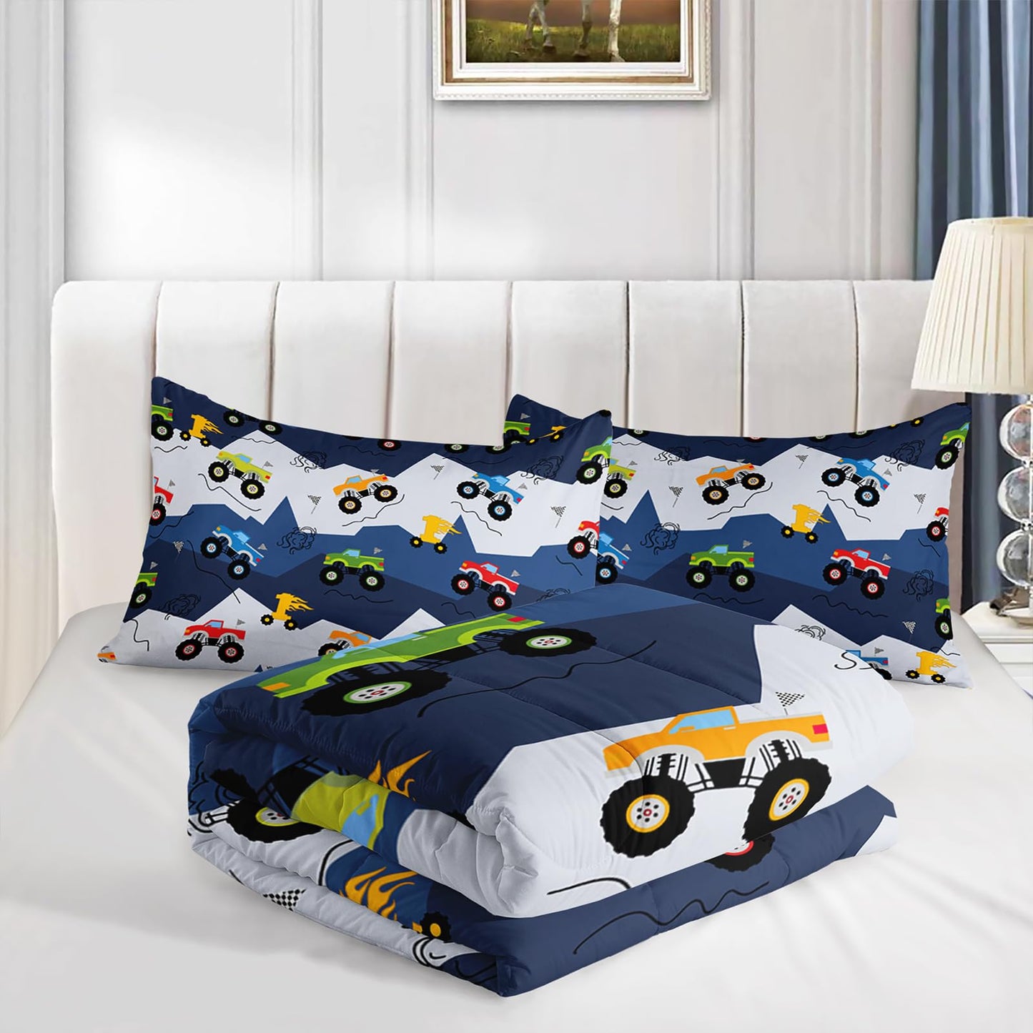 QOOMO 3Pcs Car Comforter Set Twin,Truck Bedding Set for Teens Boys Girls,Cars Printed Comforter with 2 Pillowcases,Down Alternative,Soft and Lightweight