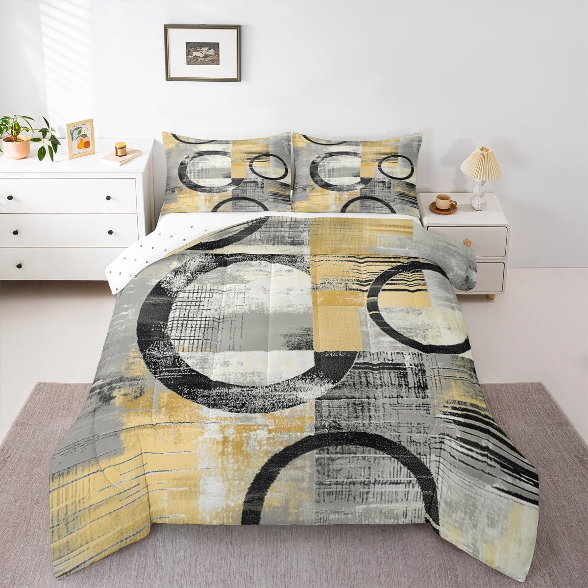 Feelyou Abstract Comforter Set Full Size Modern Abstract Art Bedding Set Geometric Duvet Quilt Luxury Bedroom Decor Yellow 3 Pcs with 2 Pillow Cases