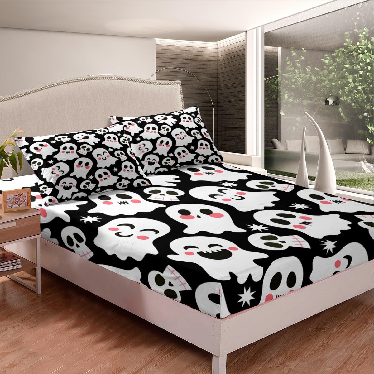 Feelyou Black Halloween Sheets Set Cute Ghost Twin Size Bedding Set Decoration for Kids Boys Girls Cartoon Autumn Happy Fitted Sheet Halloween Bed Sheet Set Collection