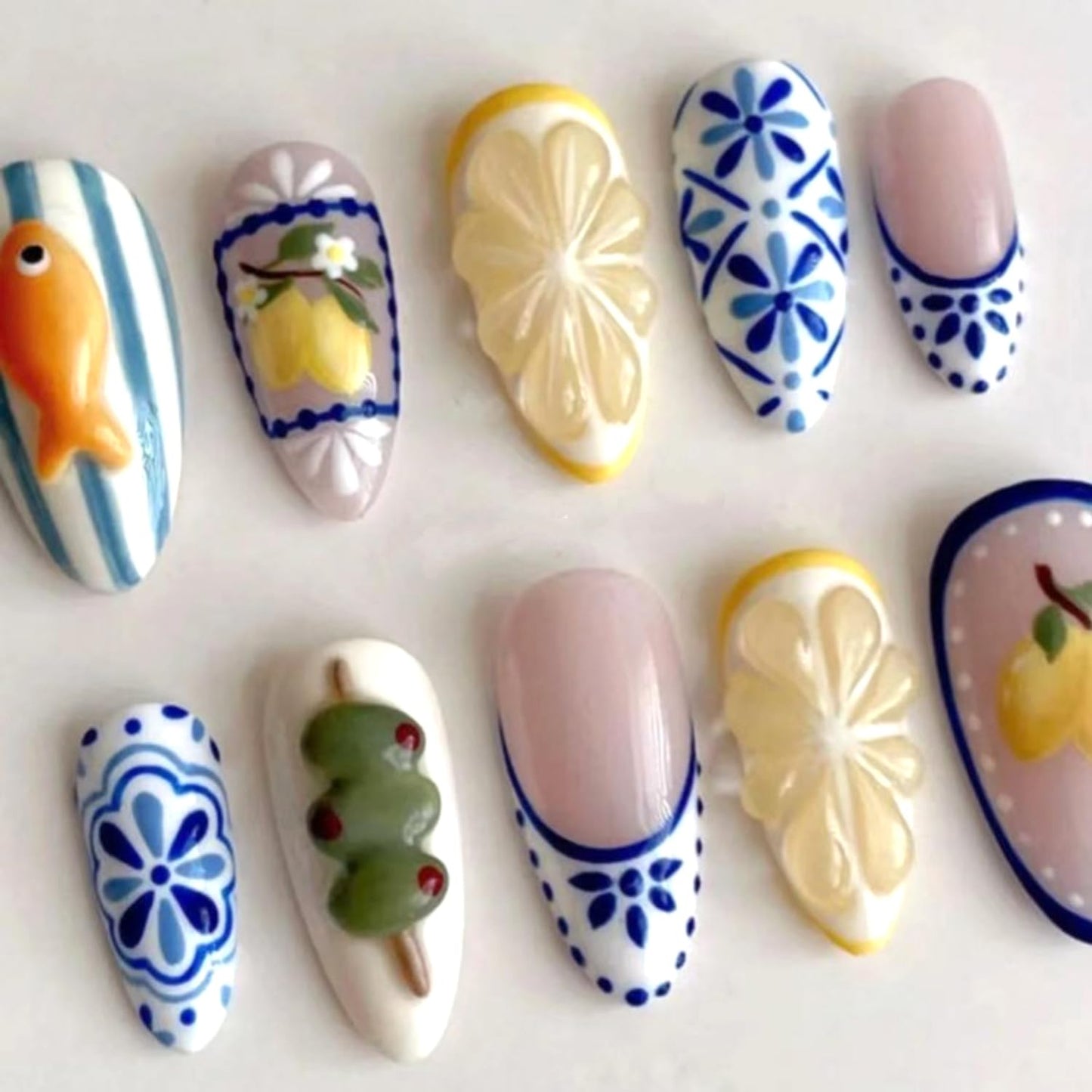 24Pcs Cute Lemon Press on Nails Medium Fake Nails French Almond Manicure, Artificial Acrylic Nails French Tips Stick on Nails Light Nude Fake Fingernail Summer False Nails for Women Nail Decoration