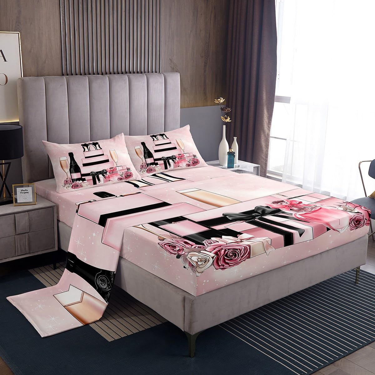 Erosebridal Pink Fashion Girly Bed Sheets King Retro Rose Floral Sheet Set for Girls Women Kids Teens High Heel Perfume Sheets Modern Coquette Bow Trendy Elegant Aesthetic Bedding Set,Pink and Black