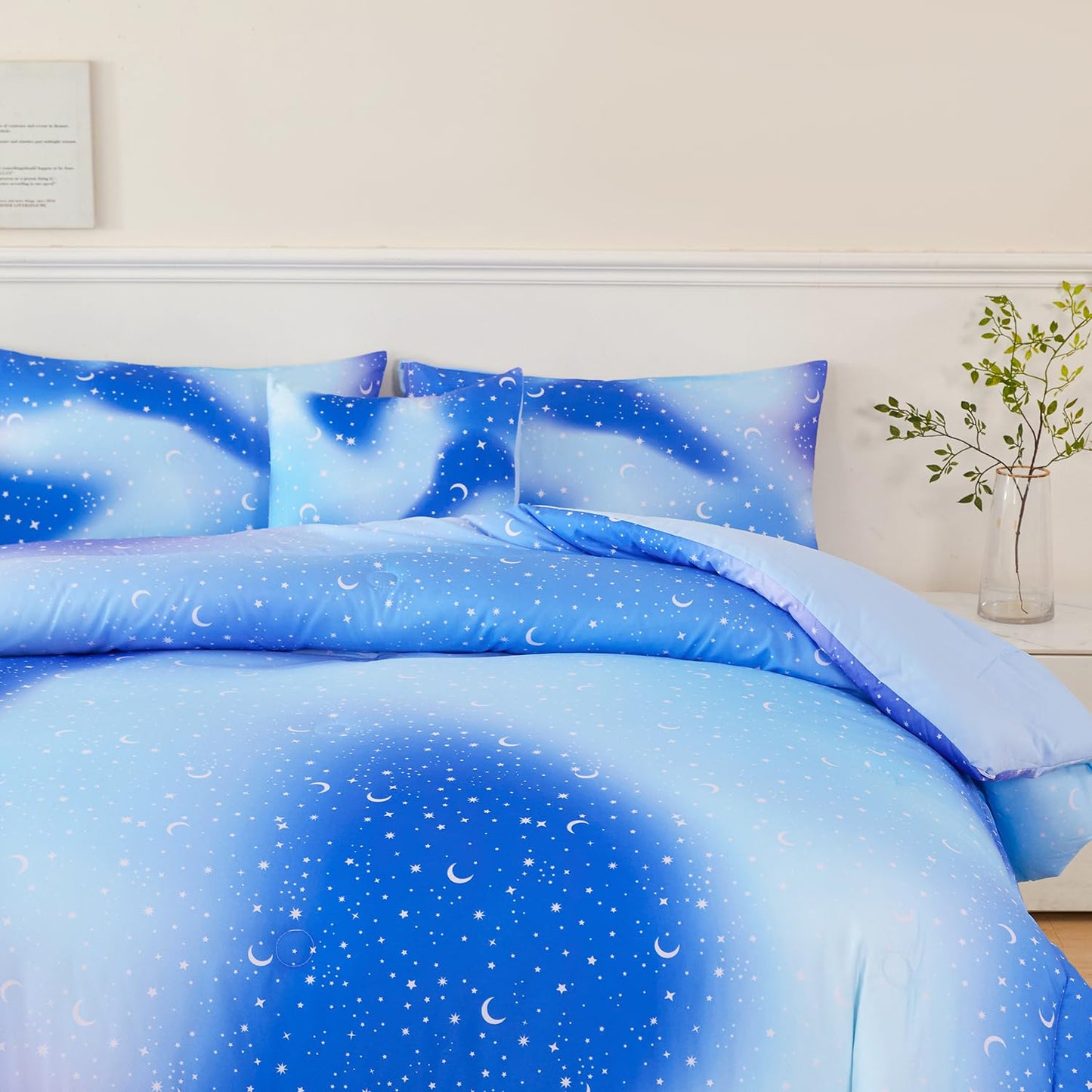 URBONUR Galaxy Blue Comforter Set Queen Size for Boys Girls Ombre Glitter Nebula Kids Teen Bedding Sets Light Blue Soft Lightweight 6Pcs Bed in A Bag Sets